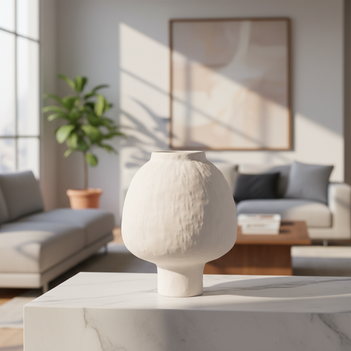 White textured vase on a marble surface in a modern living room