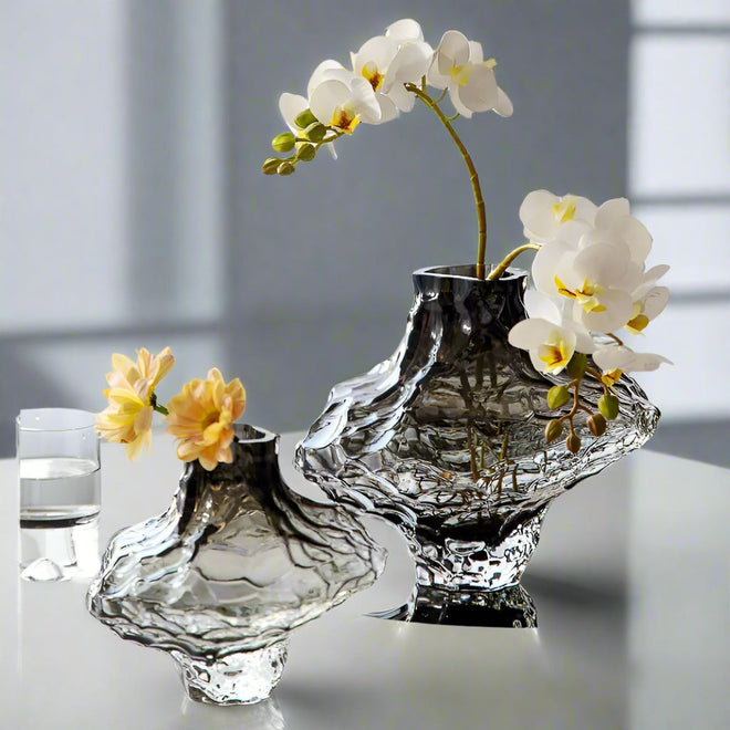Smokey Grey Crystal Textured Modern Glass Vase - The Finishing Touch Decor