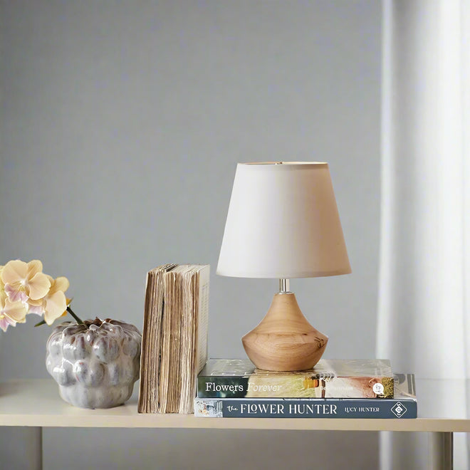Small Eucalyptus Wood & Linen Shade Table Lamp - The Finishing Touch Decor