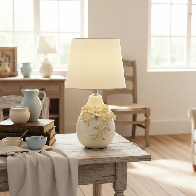 Ivory French Floral Vine Ceramic Table Lamp - The Finishing Touch Decor