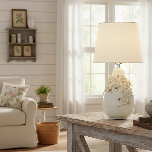 Decorative table lamp with floral design on a white background