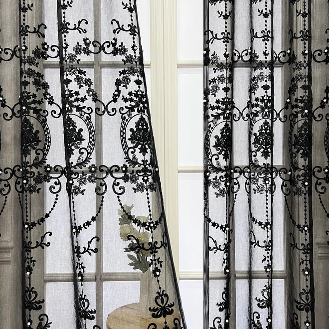 Lace Pearl French Embroidery Black Sheer Window Curtains - The Finishing Touch Decor