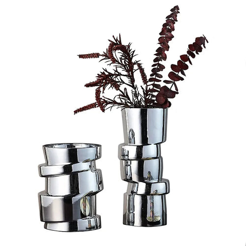Displaced Stacked Round Silver Glass Geometric Vase - The Finishing Touch Decor