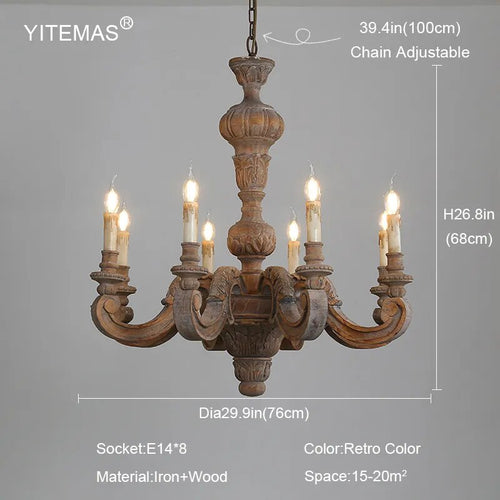 Roman Pillar Light Carved Wooden & Iron Italian Murano Vintage-Style Hanging Chandelier - The Finishing Touch Decor