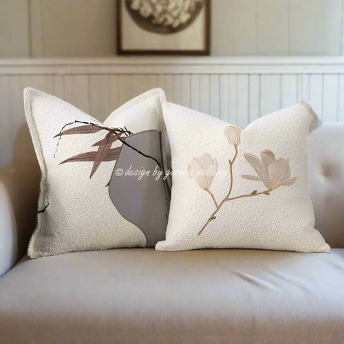 Japandi Asian Style Magnolia Embroidered Throw Pillow Covers - The Finishing Touch Decor