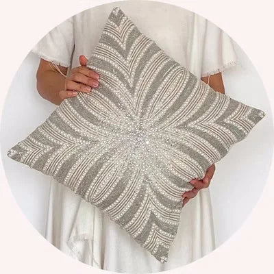 Hand-Stitched Beaded Beige Throw Pillow Covers - The Finishing Touch Decor