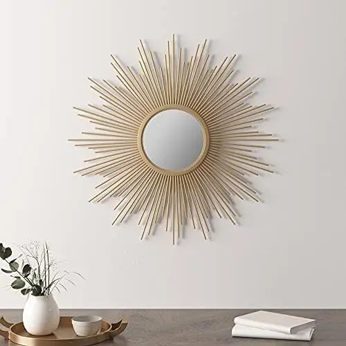 Gold Tone Iron Metal Large Sunburst Wall Art Mirror - The Finishing Touch Decor