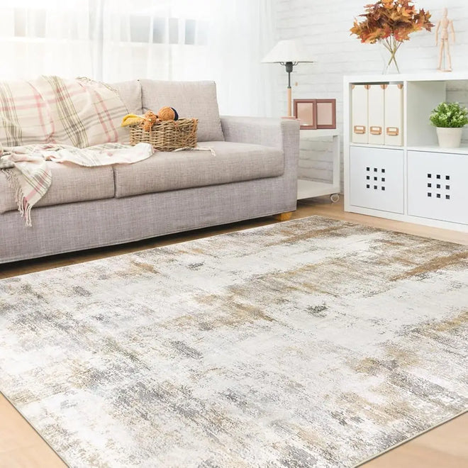 Living room with a patterned rug, sofa, and decorative items.