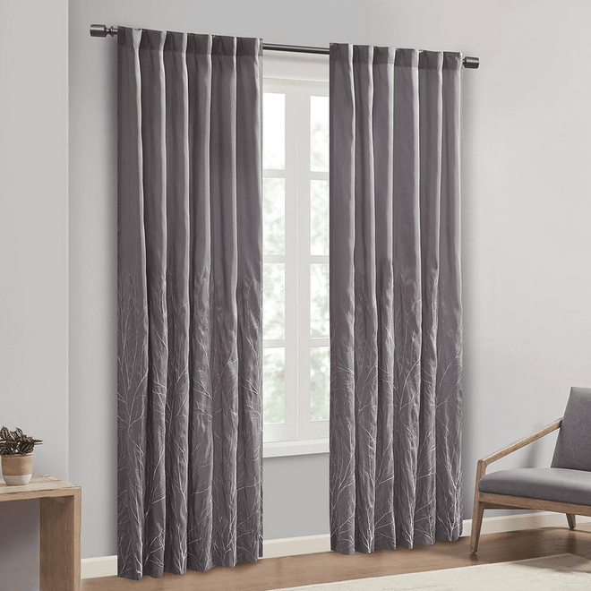 Tree Branch Embroidered Silky Lined Window Curtain Panel