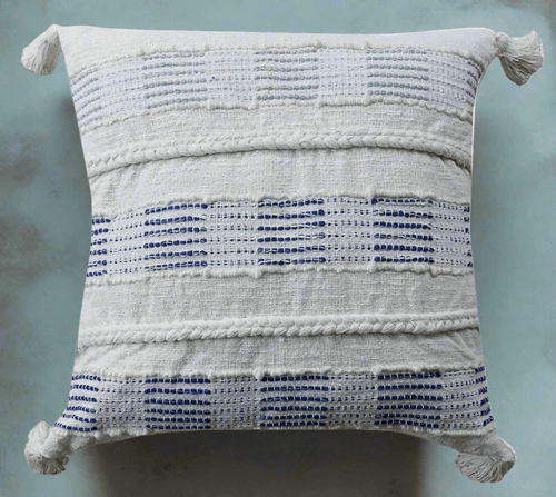 Blue & White 22" Square Tasseled Boho Throw Pillows