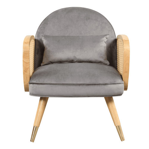 Amchair with Rattan Armrest and Metal Legs Upholstered Mid Century Modern Chairs for Living Room or Reading Room, Grey
