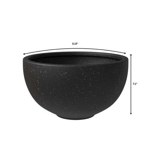 Black Fiberstone all-weather bowl planter, 7-inch size, by The Finishing Touch Decor, suitable for outdoor plants and garden decor.