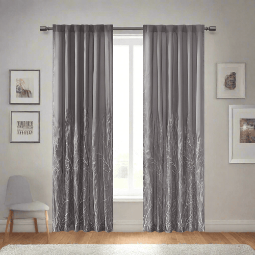 Tree Branch Embroidered Silky Lined Window Curtain Panel