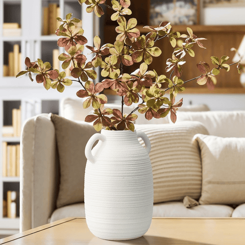 White Ceramic Handled Milk Jug Tall Round Vase - The Finishing Touch Decor