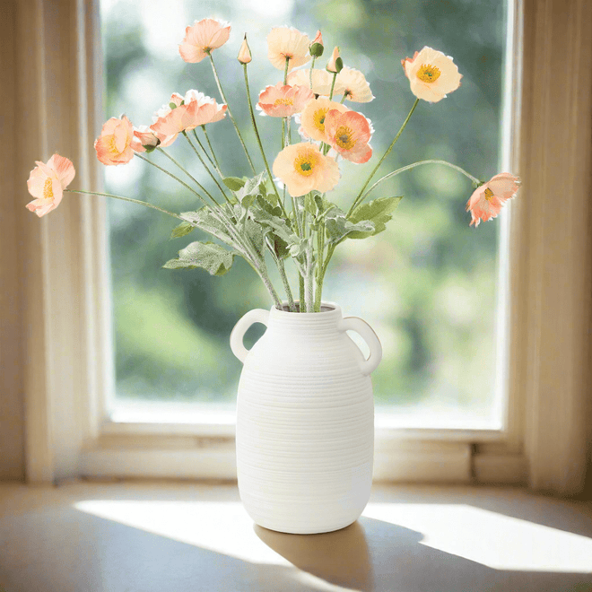 White Ceramic Handled Milk Jug Tall Round Vase - The Finishing Touch Decor