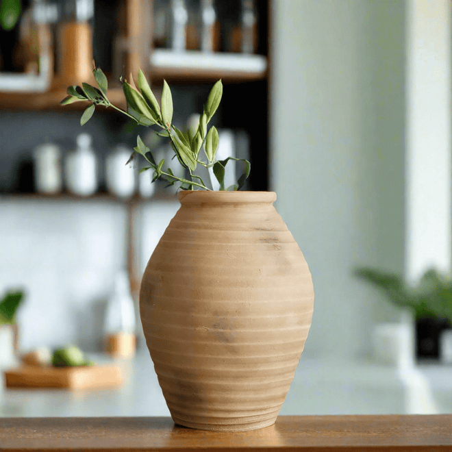 Ribbed Rustic Brown Terracotta Urn Vase