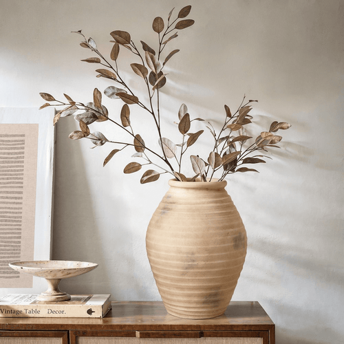 Ribbed Rustic Brown Terracotta Urn Vase