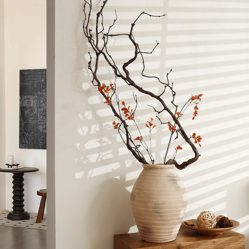 Ribbed Rustic Brown Terracotta Urn Vase