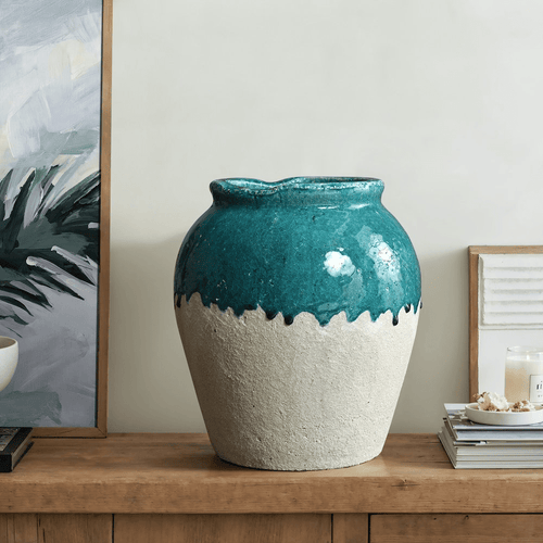 Tall Indoor/Outdoor Stoneware Green & White Jar Vase - The Finishing Touch Decor