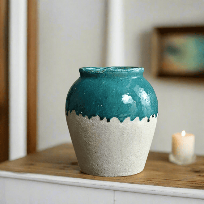 Tall Indoor/Outdoor Stoneware Green & White Jar Vase - The Finishing Touch Decor