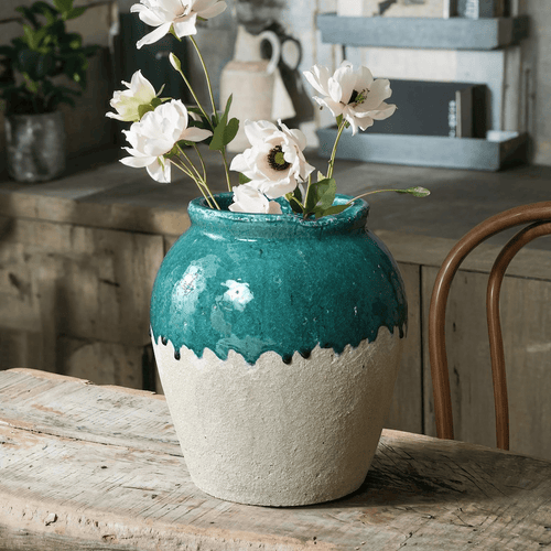 Tall Indoor/Outdoor Stoneware Green & White Jar Vase - The Finishing Touch Decor