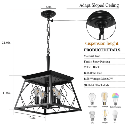 4-Light Farmhouse Chandeliers For Dining Room Black No Bulbs