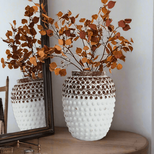 Vintage White and Brown Beaded Texture Urn Vase - The Finishing Touch Decor