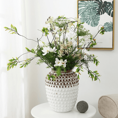Vintage White and Brown Beaded Texture Urn Vase - The Finishing Touch Decor