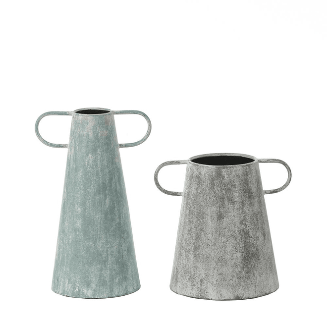 Cottagecore Set of 2 Blue and Gray Metal Pitcher Vases - The Finishing Touch Decor