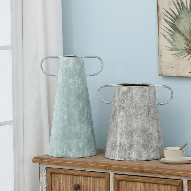 Cottagecore Set of 2 Blue and Gray Metal Pitcher Vases - The Finishing Touch Decor