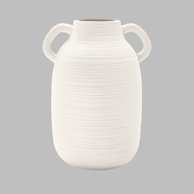 White Ceramic Handled Milk Jug Tall Round Vase - The Finishing Touch Decor