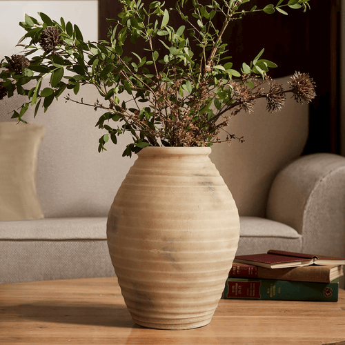 Ribbed Rustic Brown Terracotta Urn Vase