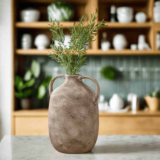 Distressed Marble Brown Ceramic Jug Vase with Handles 12in - The Finishing Touch Decor