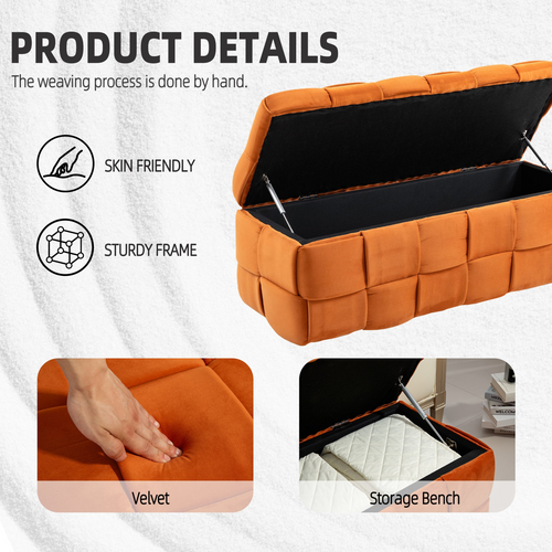 Storage Ottoman,Bedroom End Bench,Upholstered Fabric Storage Ottoman with Safety Hinge, Entryway Padded Footstool, Ottoman Bench for Living Room & Bedroom Orange