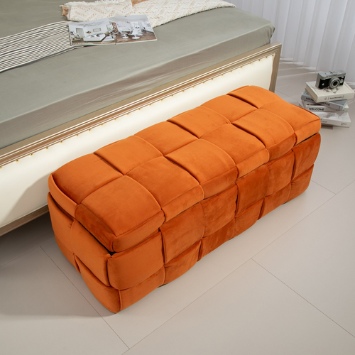 Storage Ottoman,Bedroom End Bench,Upholstered Fabric Storage Ottoman with Safety Hinge, Entryway Padded Footstool, Ottoman Bench for Living Room & Bedroom Orange