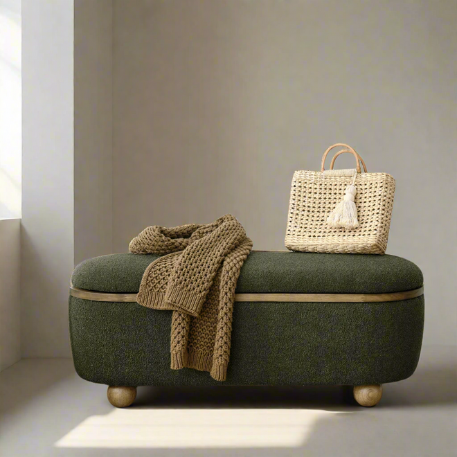 Upholstered Fabric Padded Hunter Green Ottoman Bench