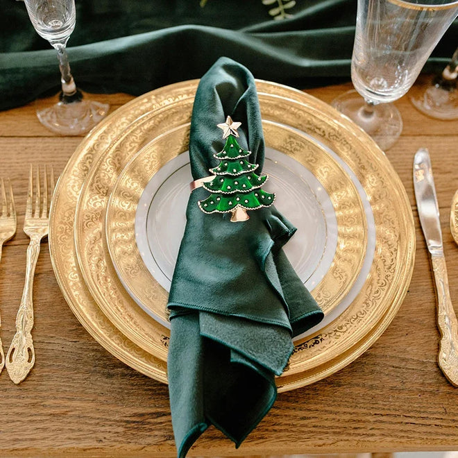 Green Christmas Tree Ornament Napkin Rings Set