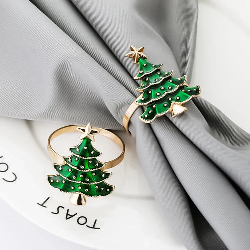 Green Christmas Tree Ornament Napkin Rings Set