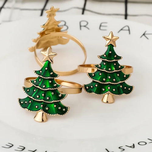 Green Christmas Tree Ornament Napkin Rings Set