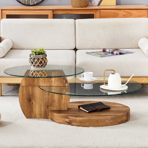 Modern Natural Wood Grain Double Layer Coffee Table - Versatile Design, Multiple Colors, MDF and Reinforced Glass