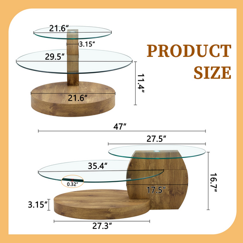 Modern Natural Wood Grain Double Layer Coffee Table - Versatile Design, Multiple Colors, MDF and Reinforced Glass