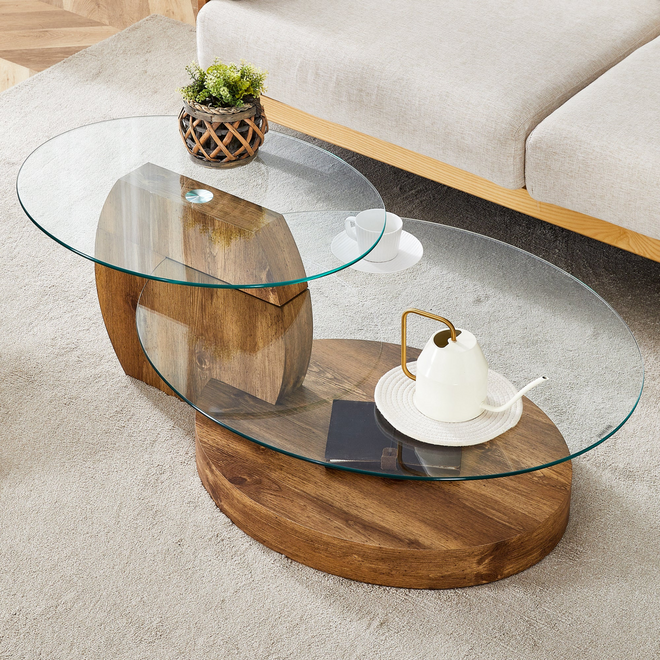 Modern Natural Wood Grain Double Layer Coffee Table - Versatile Design, Multiple Colors, MDF and Reinforced Glass