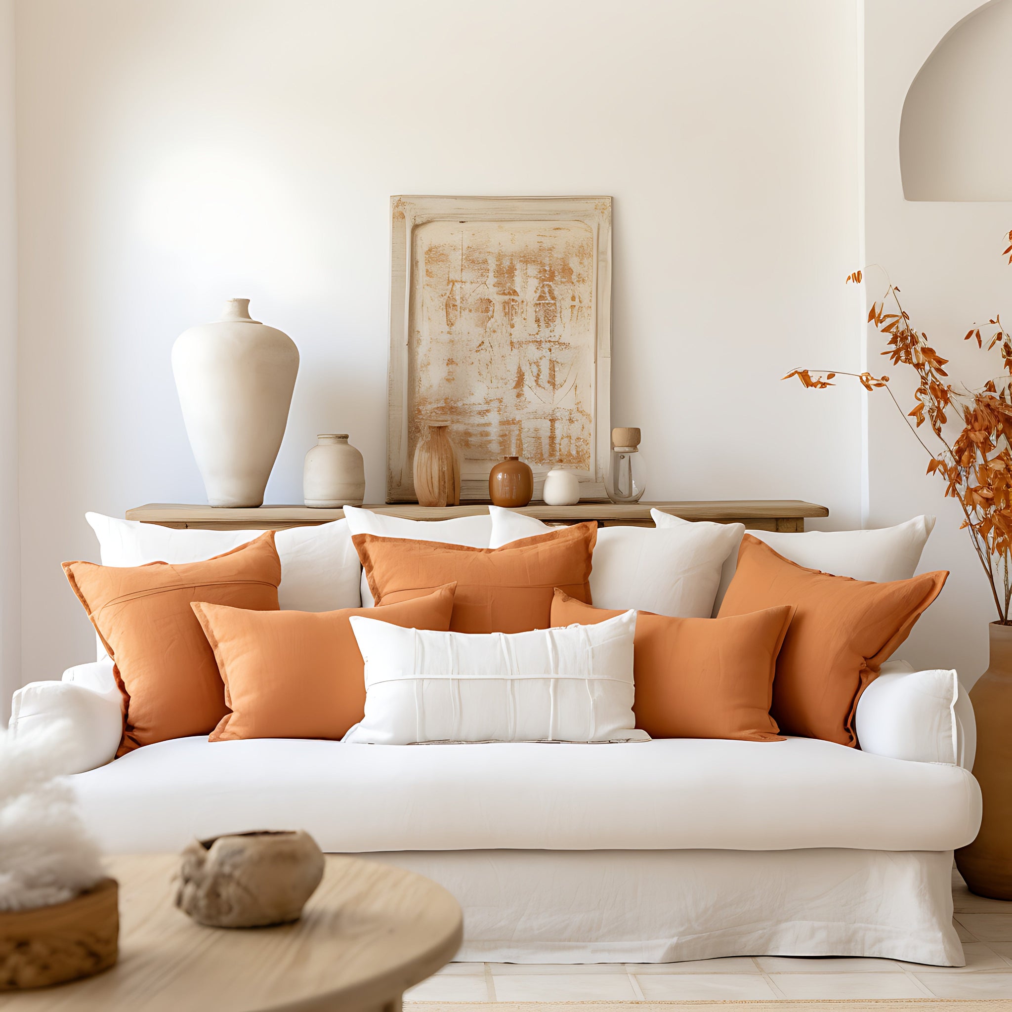 White sofa with orange and white cushions in a living room setting.