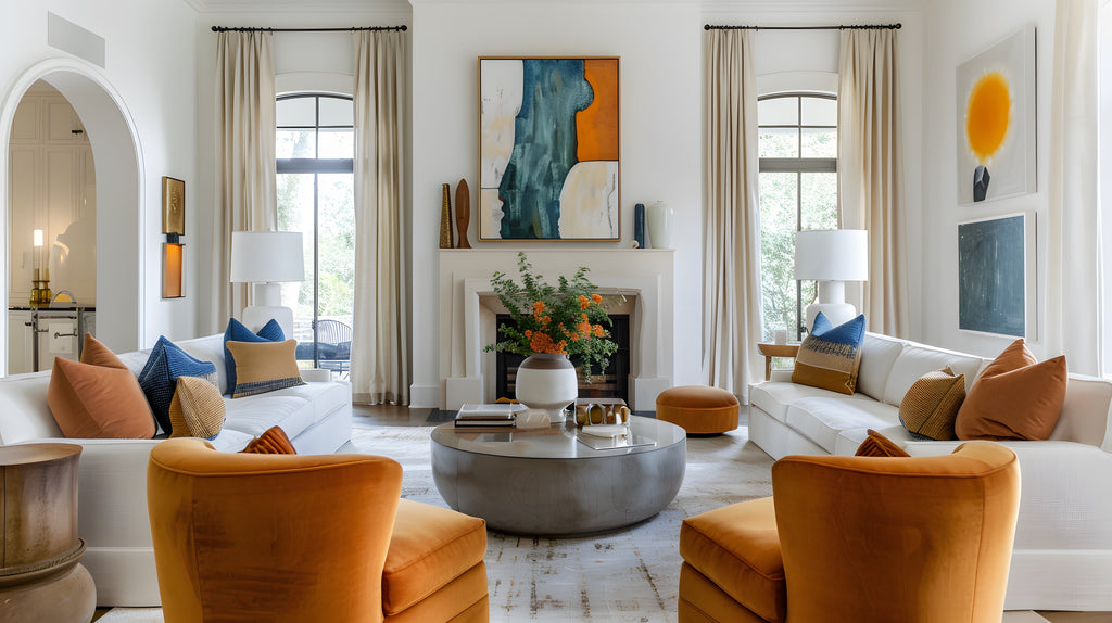 Modern living room with white walls, orange chairs, and a fireplace.