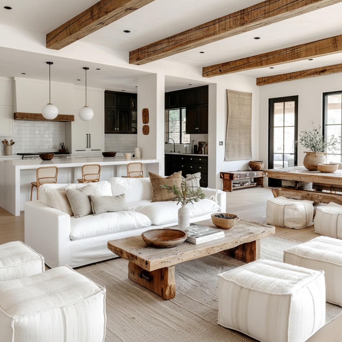 Modern living room with white furniture, wooden coffee table, and exposed wooden beams.