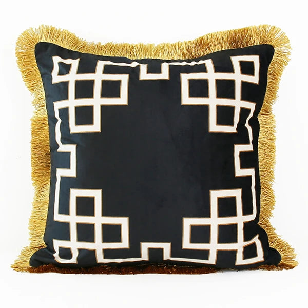 Black and gold geometric lumbar pillow cover with fringed edges, 30x50cm, European luxury style sofa cushion by The Finishing Touch Decor