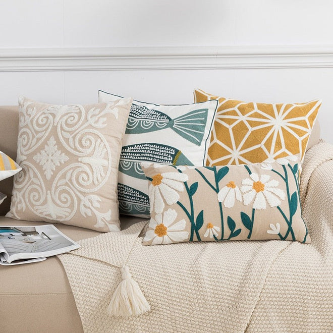 Yellow Green and Blue Floral Fish Motif Maximalist Embroidered Throw Pillows Covers - The Finishing Touch Decor