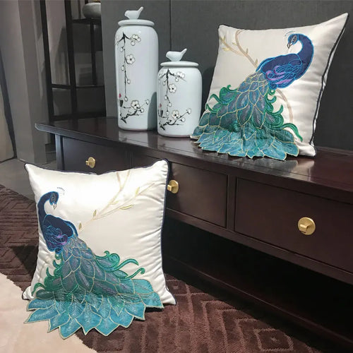 Embroidered Gorgeous Peacock Design Throw Pillow Cover - The Finishing Touch Decor