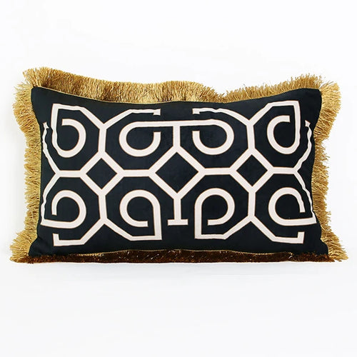 Black and gold geometric lumbar pillow case with fringed edges, European style luxury cushion cover, 30x50cm, by The Finishing Touch Decor.
