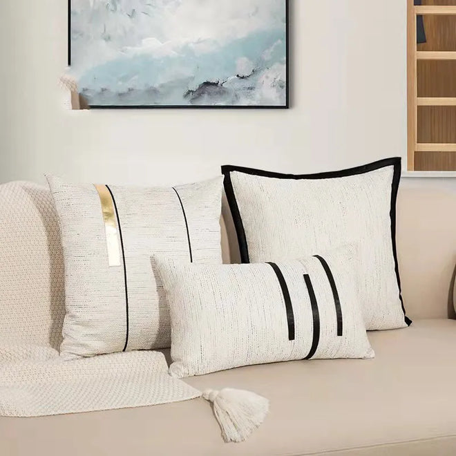 Ivory Cover Black & Gold Stripe Modern Jacquard Throw Pillows Covers - The Finishing Touch Decor